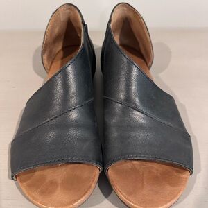 Bueno Black Leather Open-Toe Slip-Ons with Tan Footbed